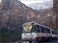 The Zion National Park shuttle takes tourists out to experience Zion National Park in Utah.